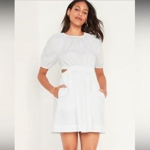 White Puff Sleeve Mini Dress with Side Cutouts